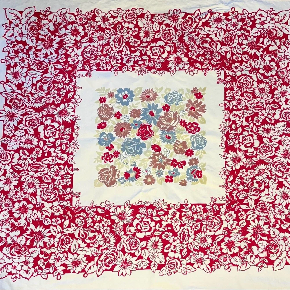 Vintage Mid Century Floral Tablecloth Red Blue 48x58 Cottagecore